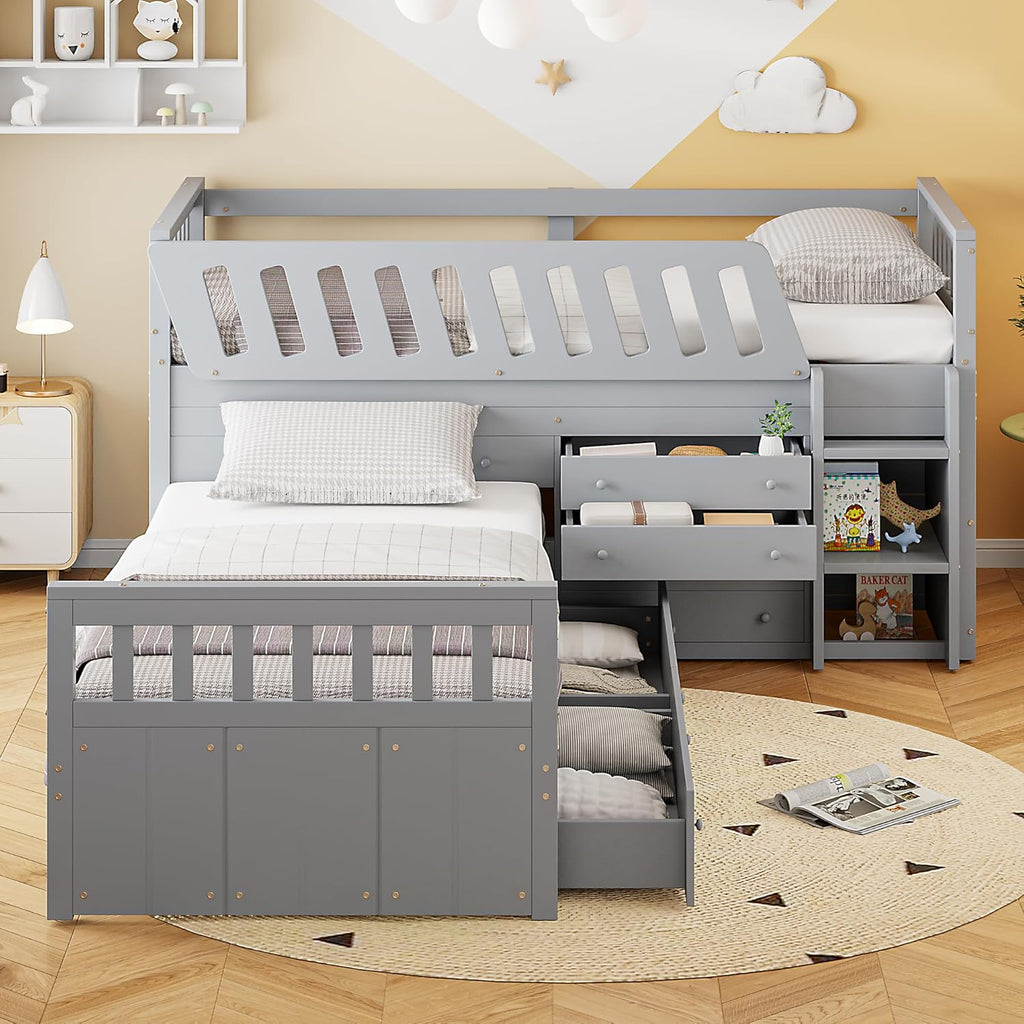 Merax L-Shaped Space-Saving Twin Loft and Twin Platform Bed with 7 Storage Drawers and Full Guardrails, Solid Wooden Bedframe for Boys Girls Adult, No Spring Box Needed, Grey