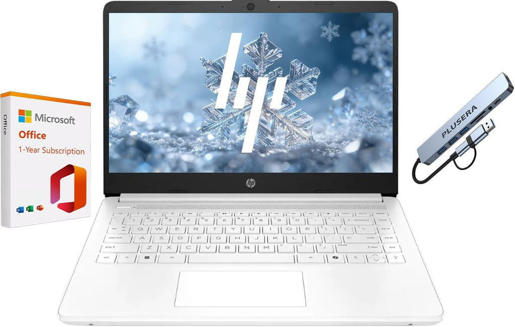 HP 14" Business Laptop, 1-Year Office 365 with Copilot AI, 16GB RAM 576GB Storage (64GB SSD+512GB SD Card), Dual-Core Intel Processor, Windows 11, PLUSERA 8-in-1 Hub Included, Snowflake White