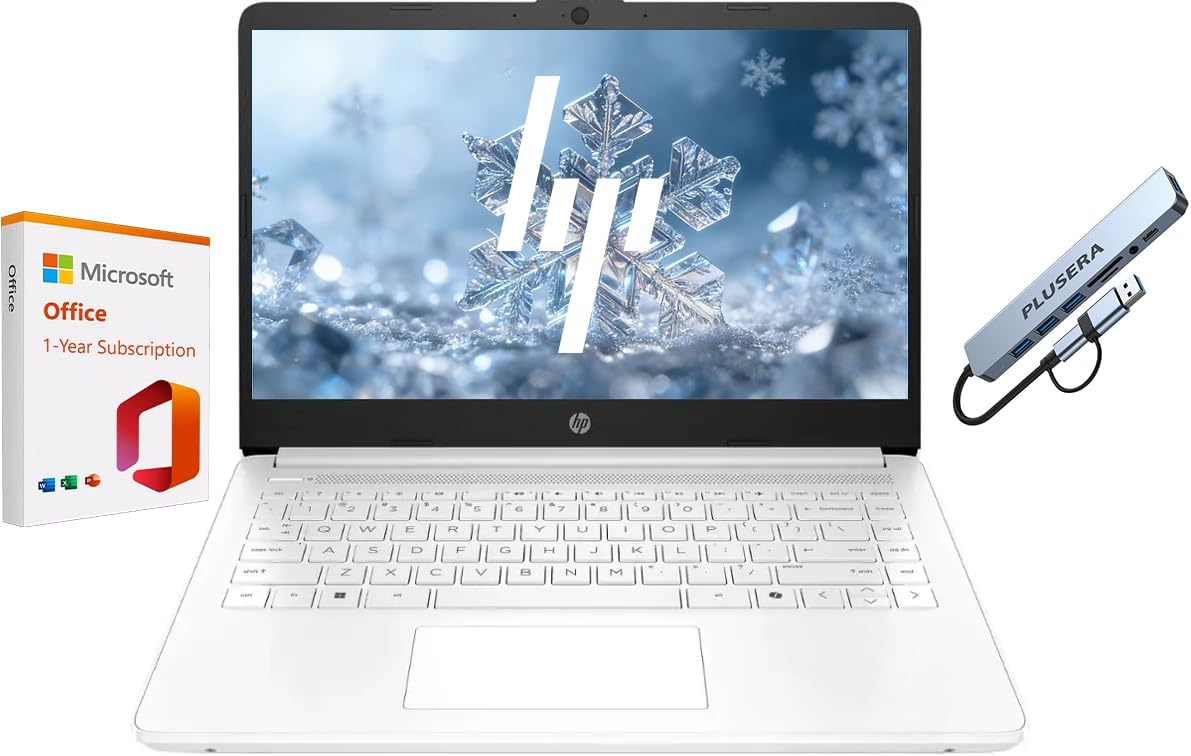 HP 14" Business Laptop, 1-Year Office 365 with Copilot AI, 16GB RAM 576GB Storage (64GB SSD+512GB SD Card), Dual-Core Intel Processor, Windows 11, PLUSERA 8-in-1 Hub Included, Snowflake White