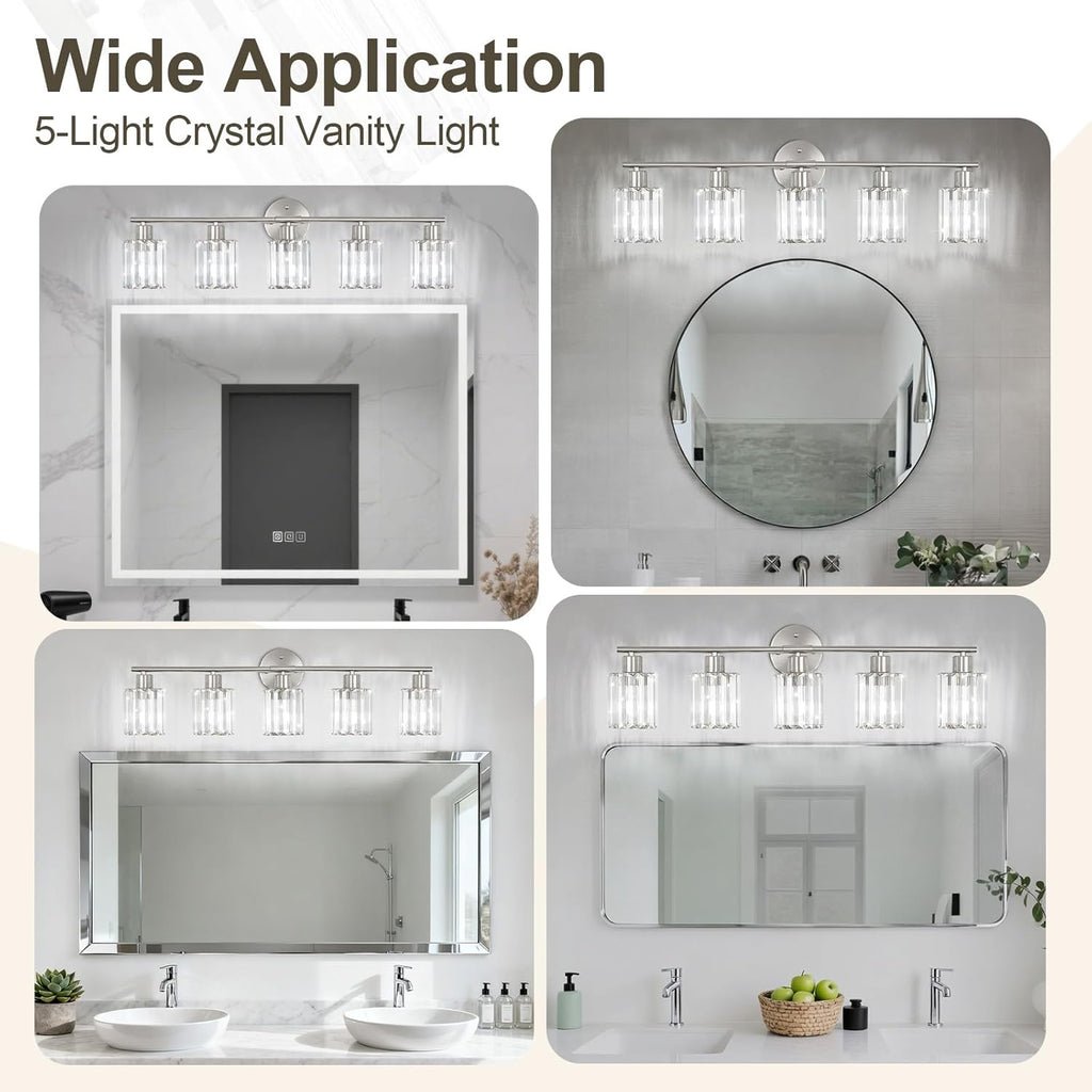 Crystal Bathroom Light Fixtures,Bathroom Lighting Fixtures Over Mirror, Modern 5-Light Brushed Nickel Vanity Lights for Mirror, Restroom,Kitchen(Ceramic E26 Socket,Bulbs Not Include)