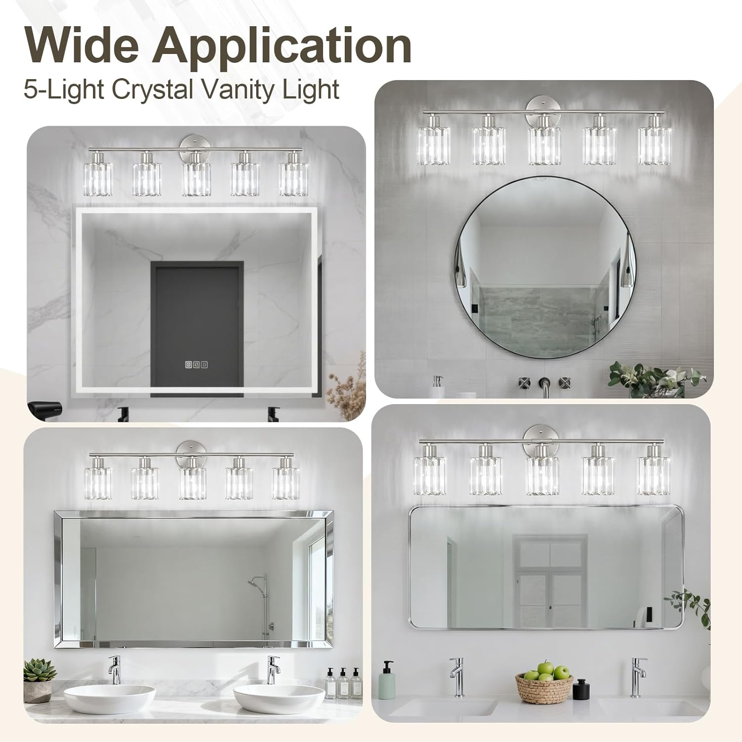 Crystal Bathroom Light Fixtures,Bathroom Lighting Fixtures Over Mirror, Modern 5-Light Brushed Nickel Vanity Lights for Mirror, Restroom,Kitchen(Ceramic E26 Socket,Bulbs Not Include)