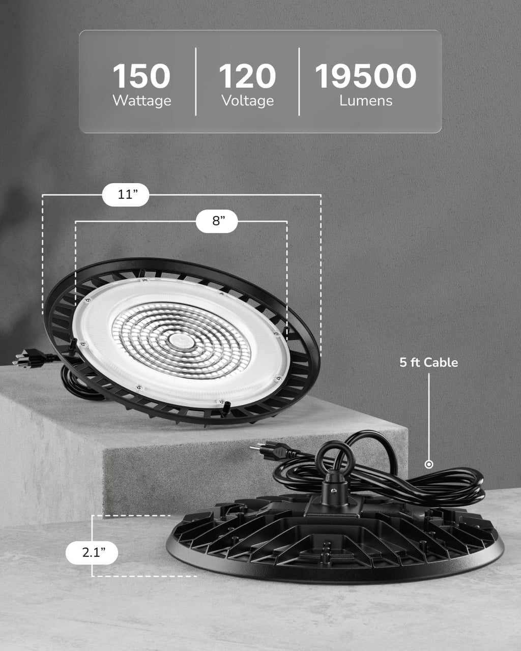 Sunco 10 Pack UFO LED High Bay Light, 150W, 19500 Lumens, 5000k Ultra Bright Commercial Shop Lights for Warehouse, Factory, Workshop, Garage & Barn, Ceiling Mount, Plug & Play, 120V, UL