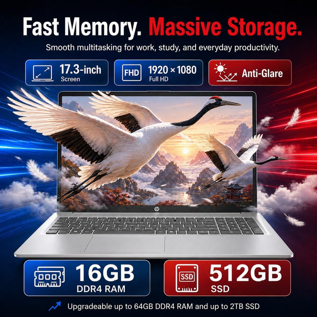 HP 17.3inch FHD Laptop Computer for Work & Study - 16GB RAM, 512GB SSD, AMD Ryzen 5 7430U Processor, Wifi6, Win11 Pro, Computer Multitask for Remote Work,Online Meetings, Students & Home Office