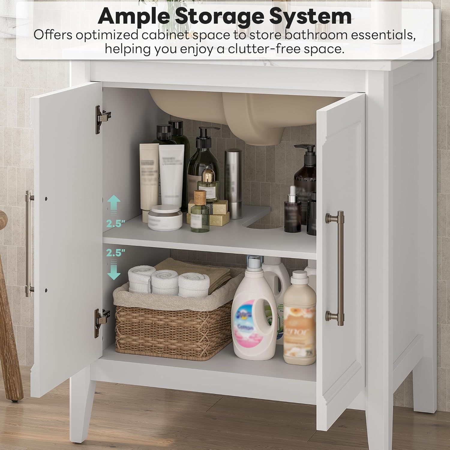 LIKIMIO 30" Bathroom Vanity with Sink, Freestanding Bathroom Vanity with 2 Soft-Close Doors, Engineered Stone Countertop with Undermount Ceramic Sink, Modern Bathroom Vanity, Easy Assembly, White