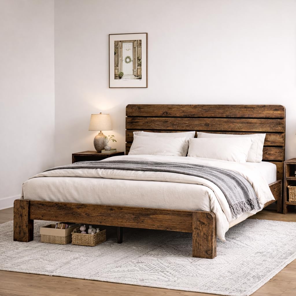 Wooden King Size Bed Frame with Headboard, Rustic Farmhouse Platform Bedframe with Wood Slat Support, Sturdy and No Noise, Easy Assembly (Light Brown/Linear Headboard, King)
