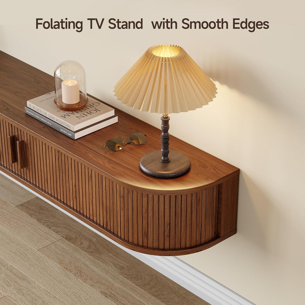 55" Floating TV Stand with Power Outlet for TVs up to 65", Fluted Entertainment Center with Remote Control for LED Lights, Mid-Century Modern TV Console w/Sliding Door for Living Room, Bedroom Walnut