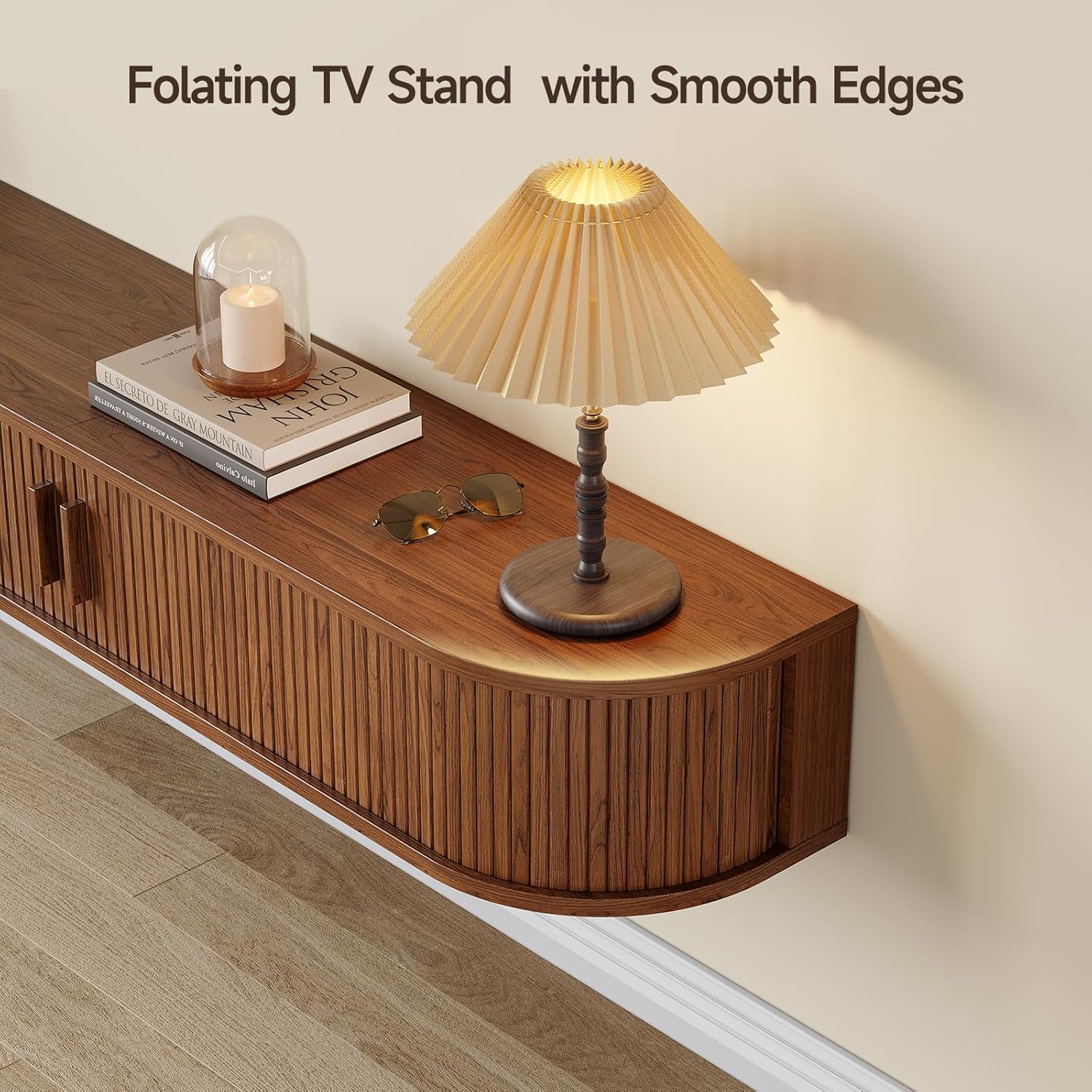 55" Floating TV Stand with Power Outlet for TVs up to 65", Fluted Entertainment Center with Remote Control for LED Lights, Mid-Century Modern TV Console w/Sliding Door for Living Room, Bedroom Walnut
