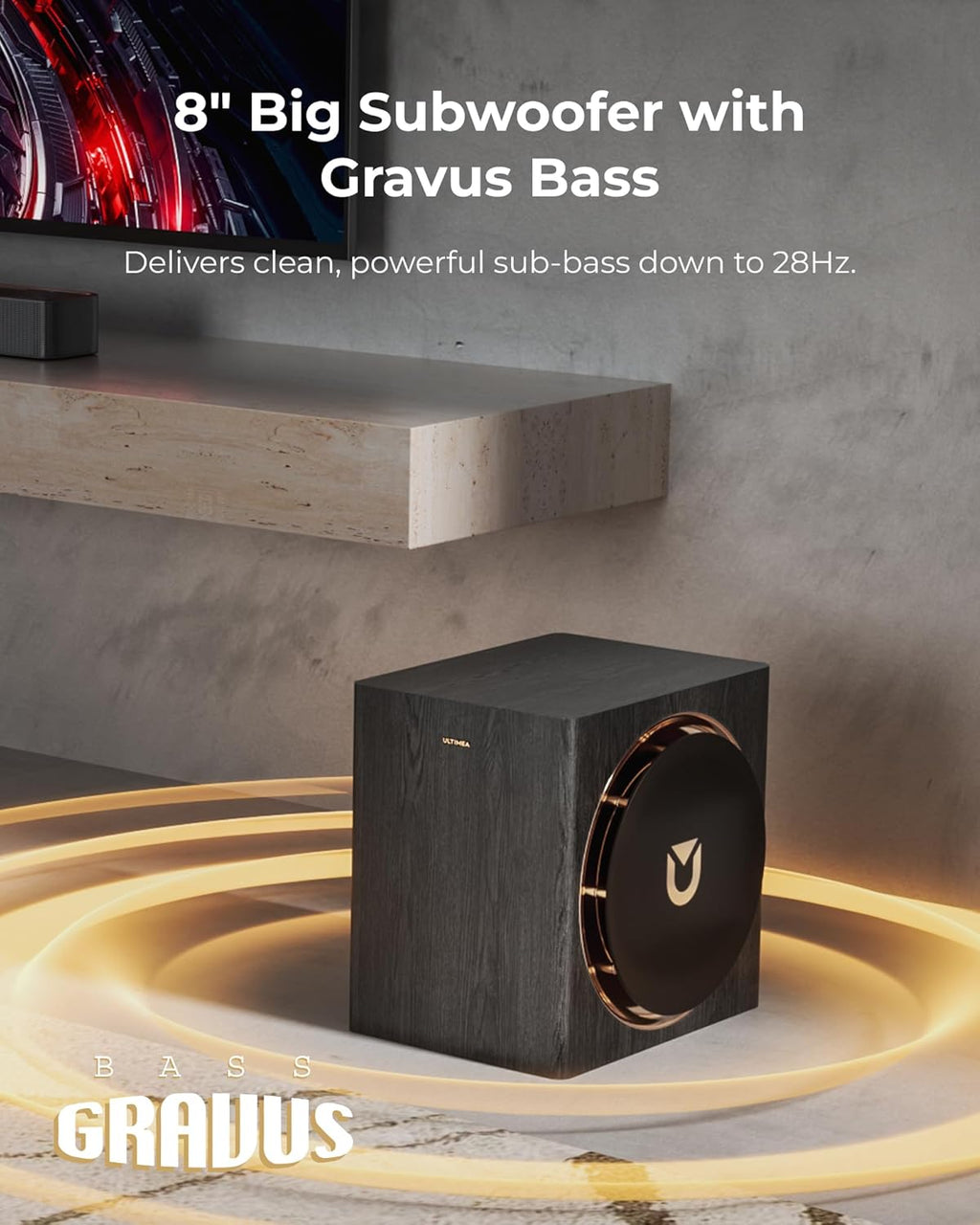ULTIMEA Skywave X60 7.1.4ch Professional Wireless Surround Sound System for TV w/Dolby Atmos, 840W Sound Bar with 8" Wireless Subwoofer, 28Hz Low Frequency, GaN Amplifier, 4K HDR Pass-Through