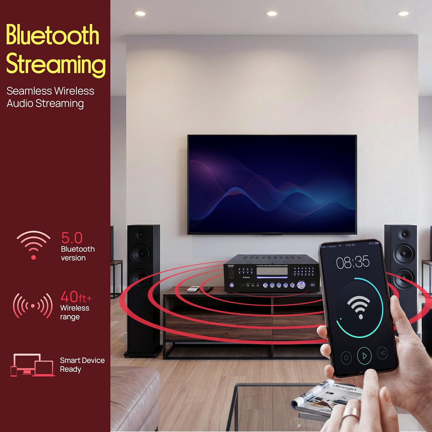 Pyle 4 Channel Bluetooth Home Amplifier - Front Loading DVD/CD Player - 3000W Peak Stereo Receiver - 2 Mic Inputs w/ Echo, FM Radio,Optical In,USB,RCA,Composite, LED Level Meter, Rack Mount - PD3000BA