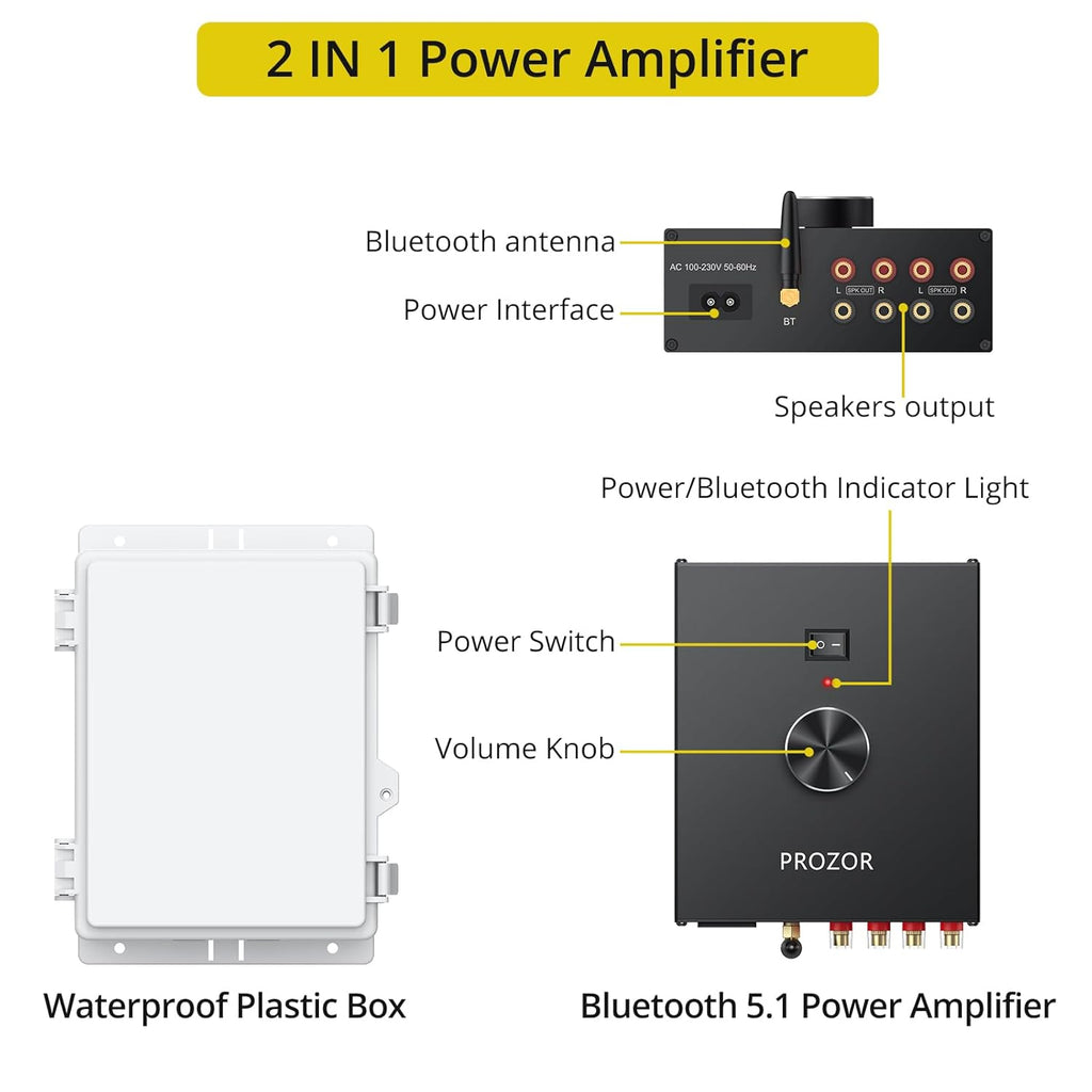 PROZOR Bluetooth 5.1 Power Amplifier for Outdoor Speakers, 4 Channel Bluetooth Amplifier for Speakers, 4*200W TPA3221 Speaker Amp with Waterproof Mounting Box for 4–8 Ohm Passive Speakers, Home Party