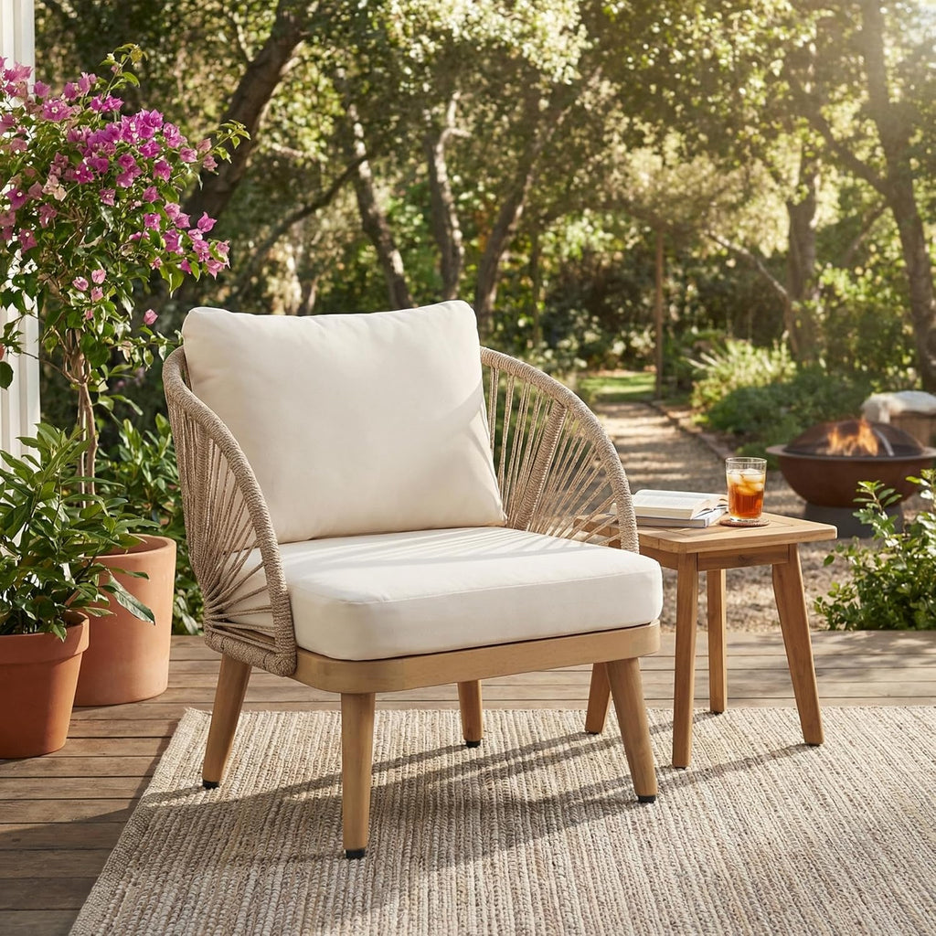 Christopher Knight Home Lydia Boho Patio Furniture Acacia Wood Club Chair, Outdoor Lounge Chair, Modern Tub Accent Chair with Rope Woven and Removable Cushions, Deep & Sturdy Seating, Natural+Beige