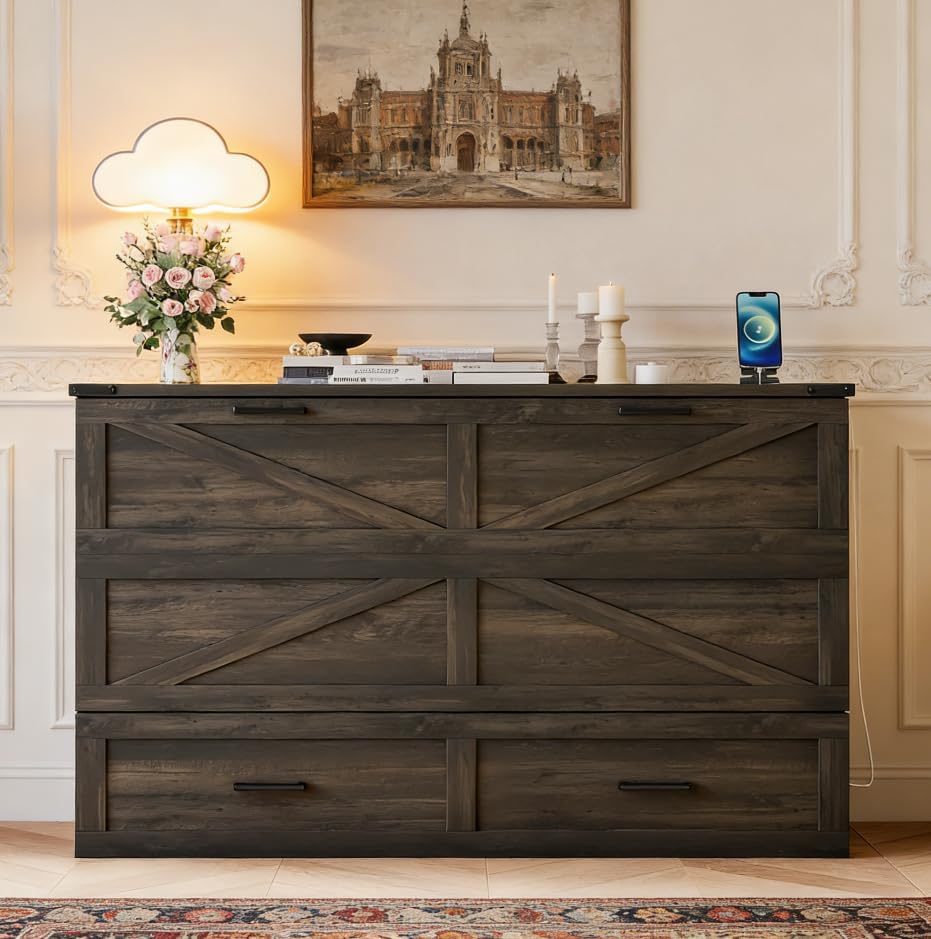 Bellemave Queen Murphy Bedframe, Cabinet Bed with Charging Station and Storage, Farmhouse Murphy Cabinet with Foldable Panel, Noisy Free, for Guest Bedroom, Living Room, Office, Rustic Gray