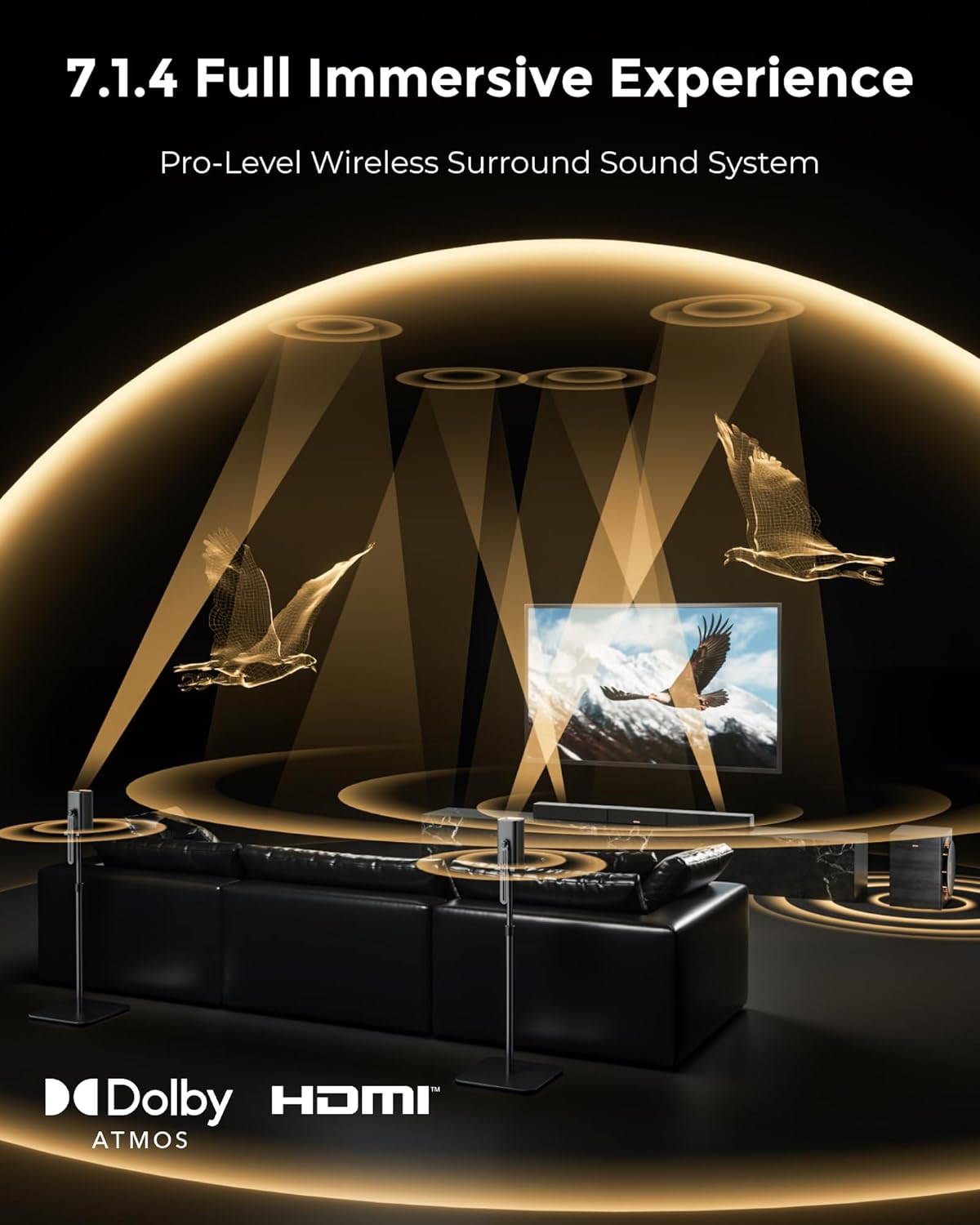 ULTIMEA Skywave X70 7.1.4ch Professional Wireless Surround Sound System for TV w/Dolby Atmos, 980W Sound Bar with 10" Wireless Subwoofer, 20Hz Low Frequency, GaN Amplifier, 4K HDR Pass-Through