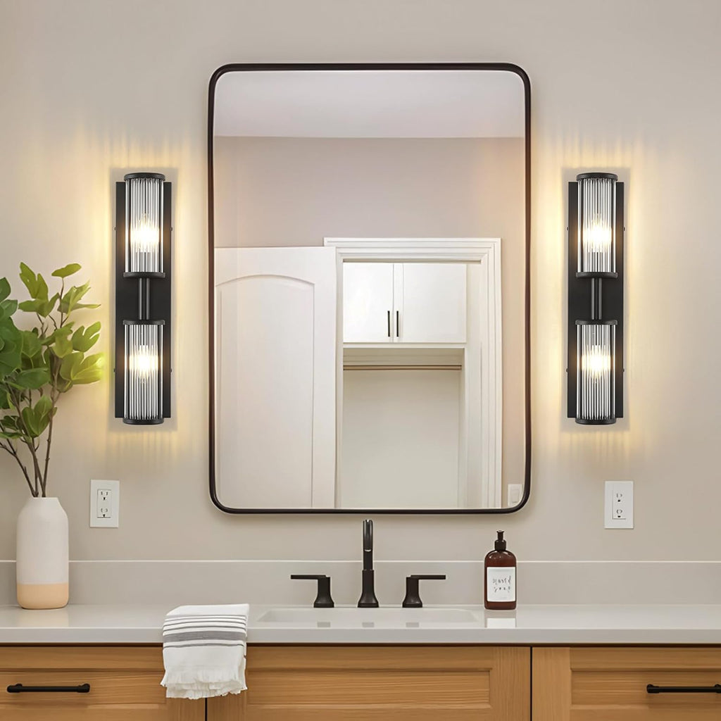 Modern Vanity Light Set of 2 - Matte Black Industrial Wall Sconces with Glass Rod Shades, Bathroom Mirror Lighting for Bedroom, Hallway, Dressing Room