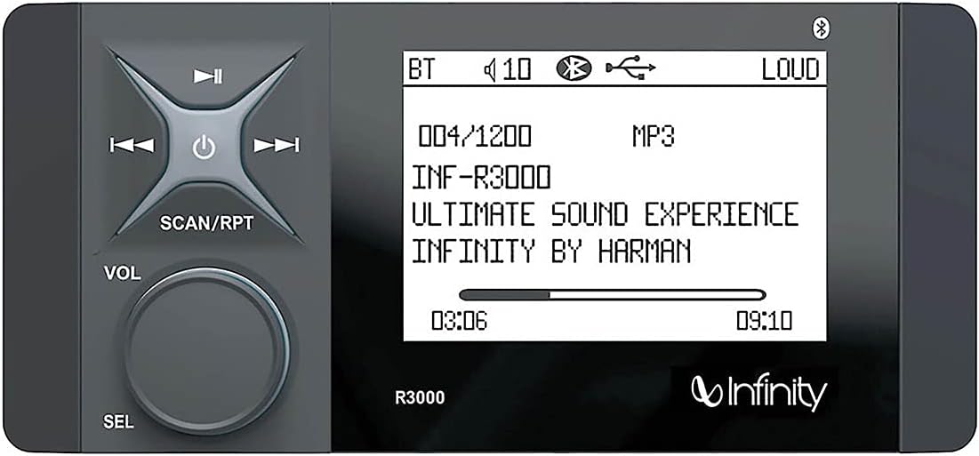 Infinity INF3000 AM/FM/WB, BT5, Aux in, USB Input, 4" Monochromatic LCD, Rotary, 2 ohm Stable