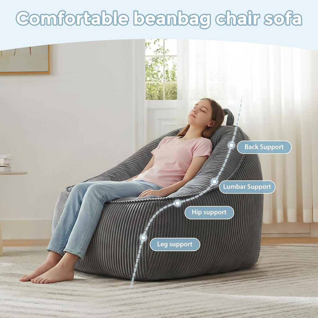 HUGHEAVEN Large Bean Bag Chairs for Kids,Bean Bag Chairs for Kids 8-12,Comfy Bean Bag Sofa with Back Support,Big Bean Bag Couch & Chair for Bedroom, Floor Sofa for Relaxing and Reading,Grey