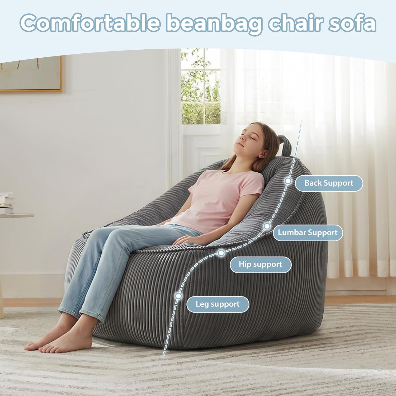HUGHEAVEN Large Bean Bag Chairs for Kids,Bean Bag Chairs for Kids 8-12,Comfy Bean Bag Sofa with Back Support,Big Bean Bag Couch & Chair for Bedroom, Floor Sofa for Relaxing and Reading,Grey