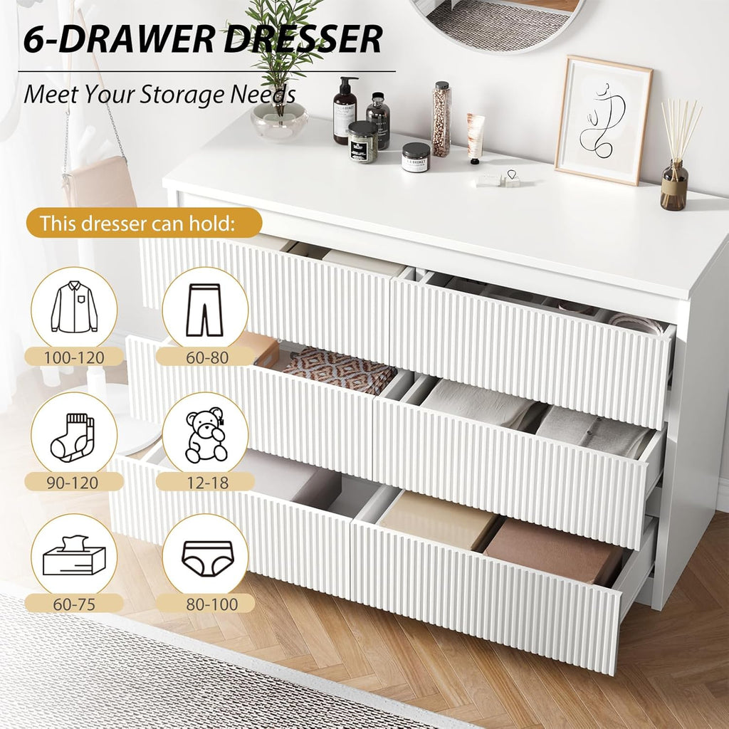 Jocoevol 6 Drawer Dresser, Fluted Dresser for Bedroom with Sleek Hidden Handles, Bedroom Dressers with Drawers, Wood Closet Clothes Storage Organizer for Bedroom, Pure White