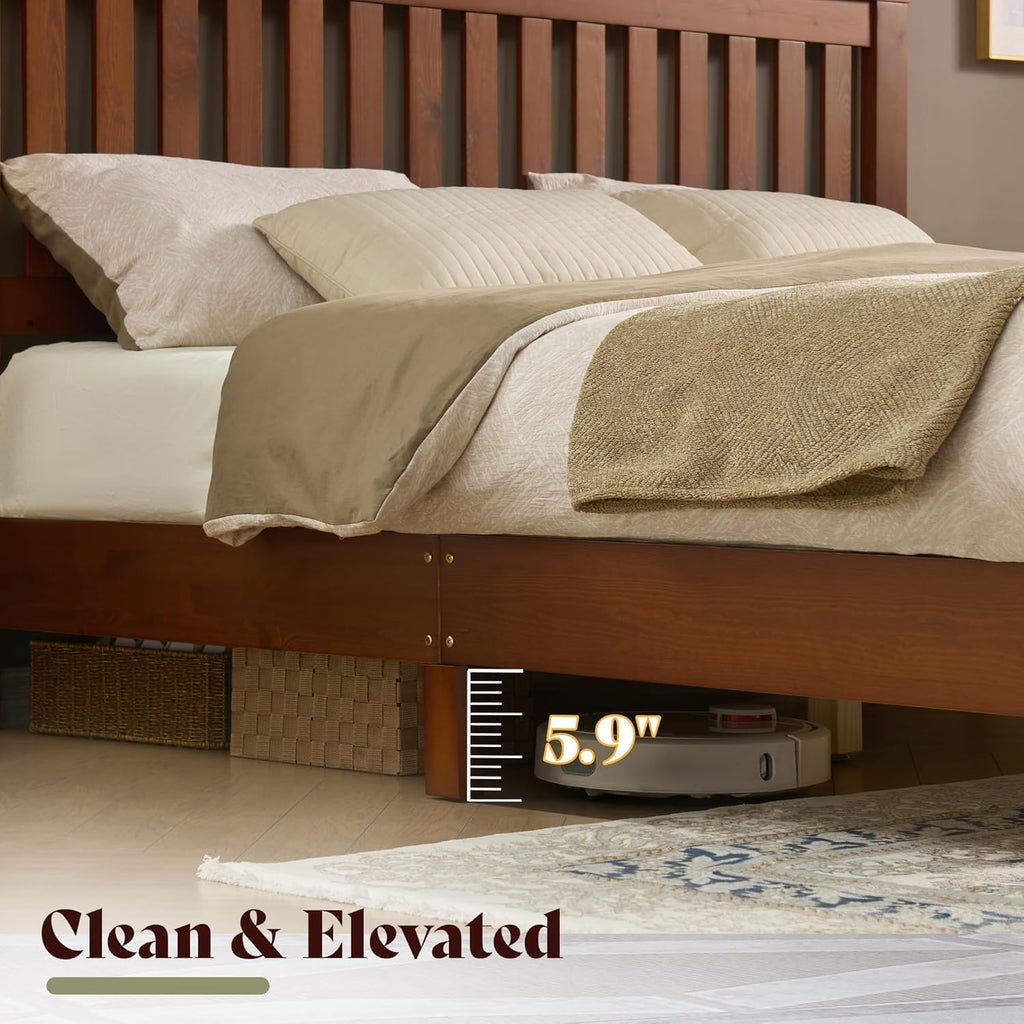 AMERLIFE Queen Bed Frame, Solid Wood Platform Bed with Vertical Slats Headboard, Wooden Bedframe Queen-Size, Sturdy Wooden Slats Support, No Box Spring Needed, Noise Free, Walnut