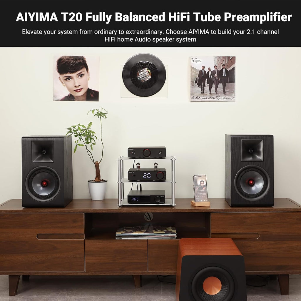 AIYIMA T20 Fully Balanced Tube Preamp for Home Audio - ECC83 Tube Design, Swappable Op-Amps & Tubes, XLR/RCA Inputs/Outputs, Pre-Amp for 2 Channel Stereo Hi-Fi Amplifier & 2.1 Theater Setup