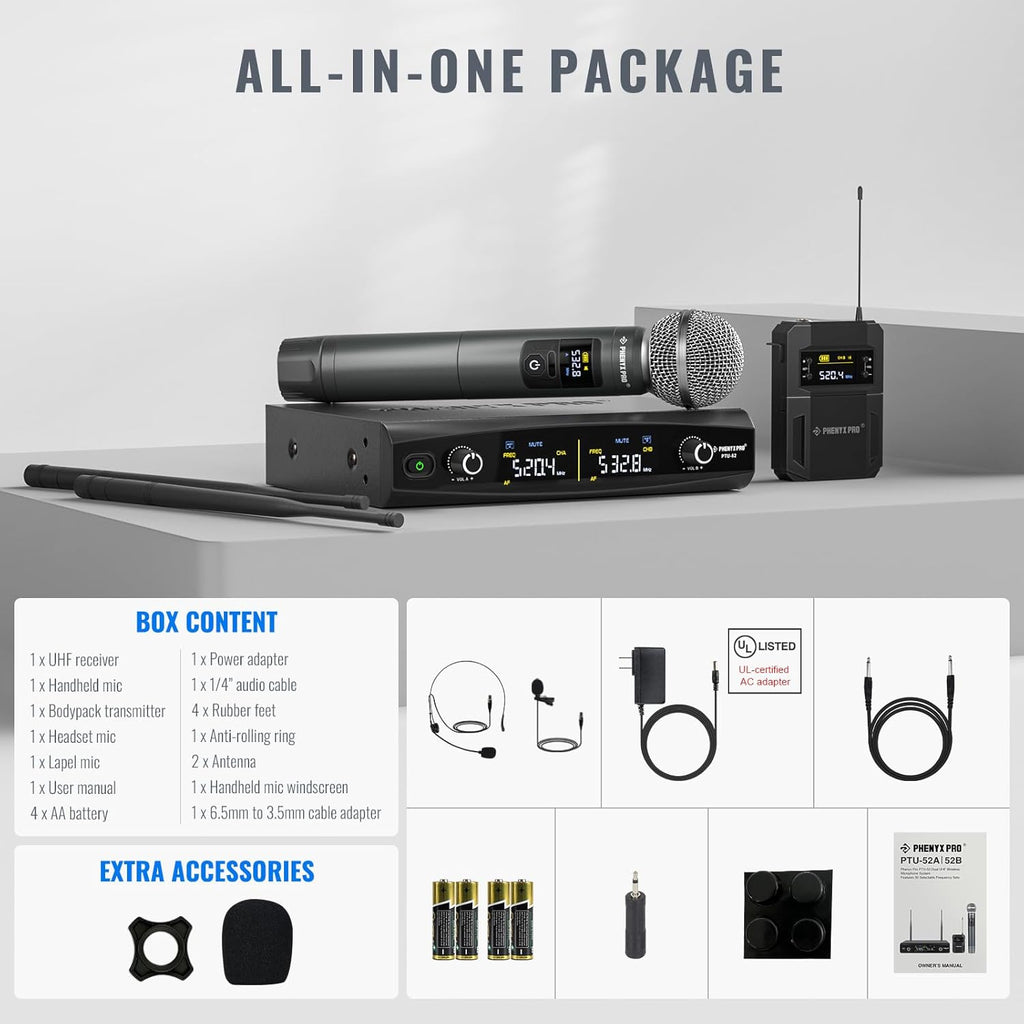 Phenyx Pro Wireless Microphone System,Metal Wireless Mic Set w/Handheld/Bodypack/Headset/Lapel Mics,2 x 30 UHF Frequencies, 200 ft Range, Cordless Mic for Singing, Karaoke, Church (PTU-52-1H1B)
