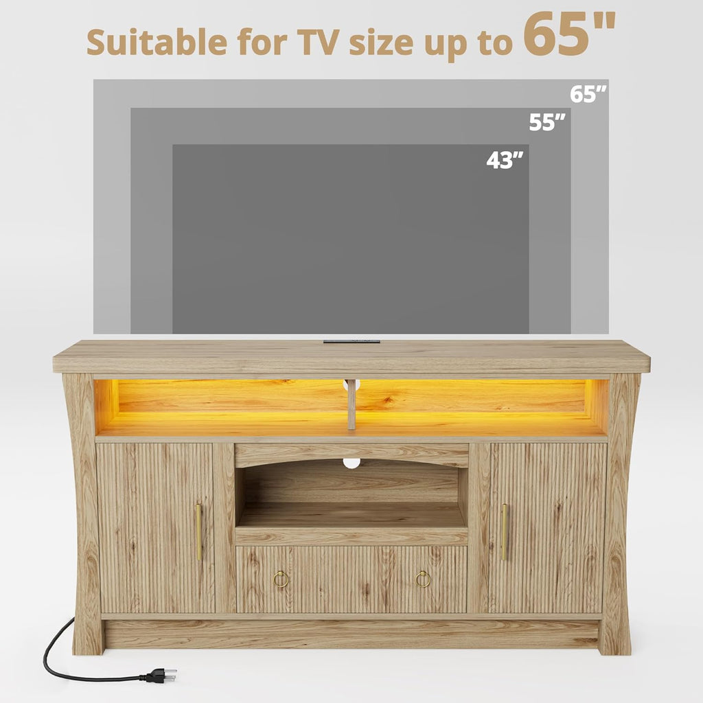 LIKIMIO TV Stand for 65 inch TVs, Entertainment Center with Power Outlet and Led Lights, TV Console with Storage Cabinets and Drawer, TV Stands for Living Room