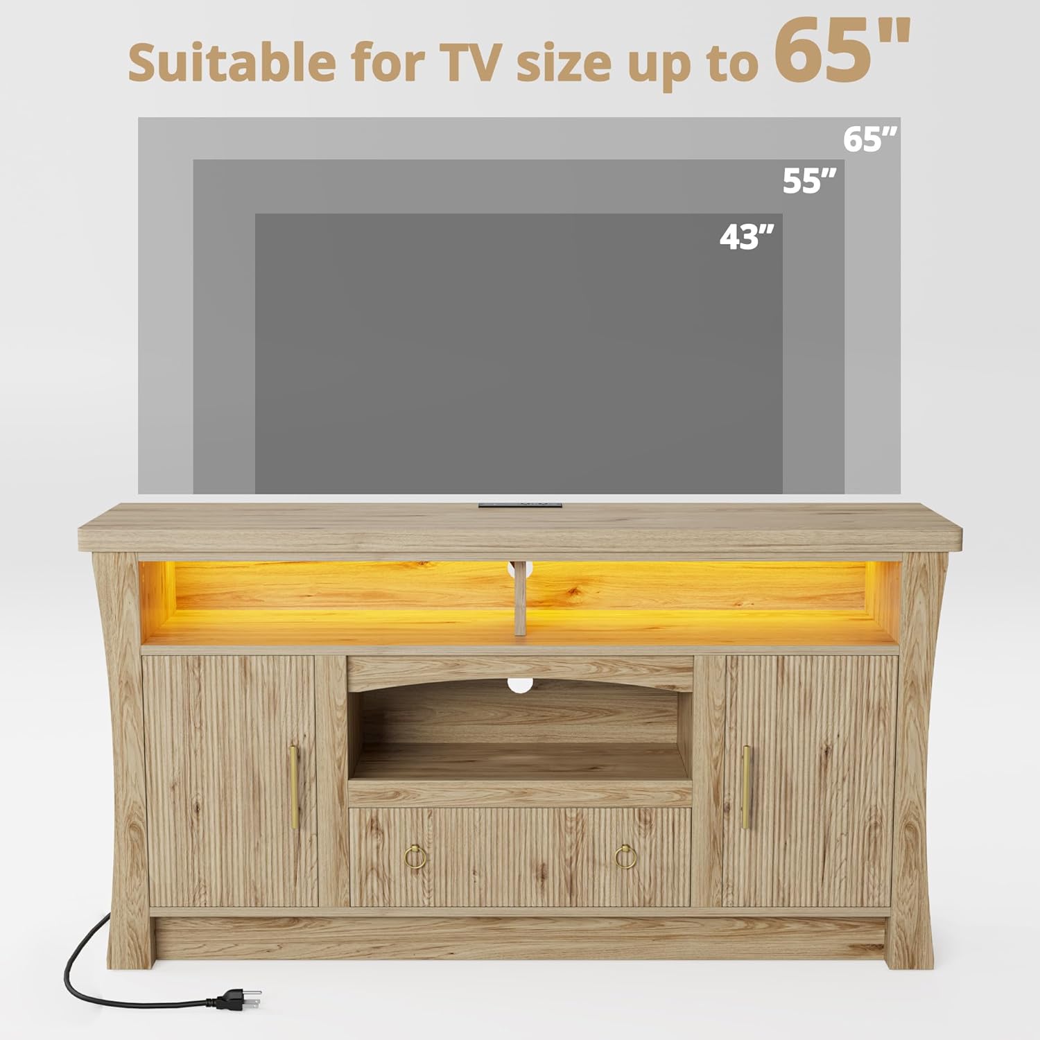 LIKIMIO TV Stand for 65 inch TVs, Entertainment Center with Power Outlet and Led Lights, TV Console with Storage Cabinets and Drawer, TV Stands for Living Room
