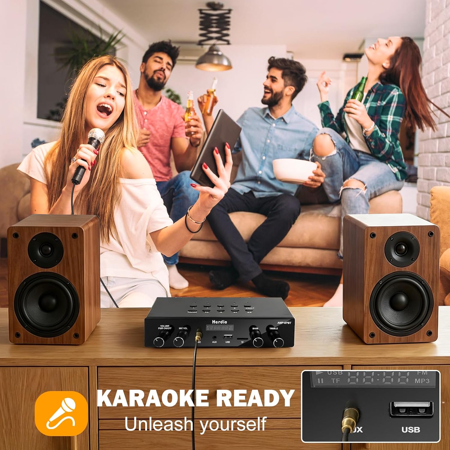Herdio Bluetooth 5.4 Stereo Audio Amplifier Receiver - 60W Peak Power x 8 Channel with USB/TF/AUX/MIC Inputs, Bass/Treble Control, 4 Zone Independent Power Control for Multi-Room Home Audio System