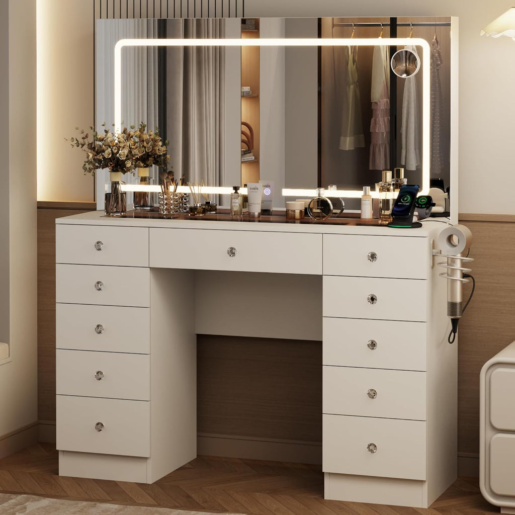 Otterease White Makeup Vanity, 11 Drawers Vanity Mirror with Lights, Makeup Vanity Desk with 3 Lighting Modes Adjustable Brightness, Vanity with Glass Top for Bedroom