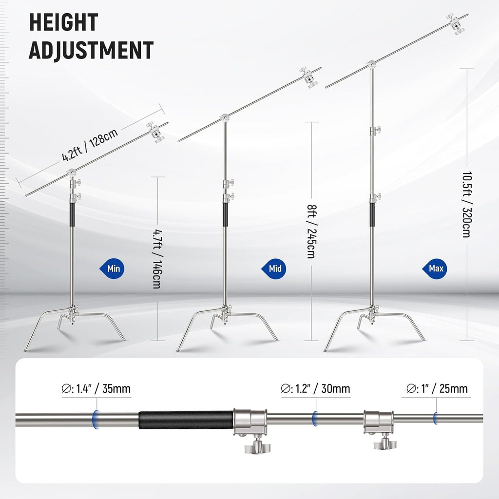 NEEWER Basics 100% Stainless Steel Heavy Duty C Stand with Boom Arm, Max 10.5ft/320cm Photography Light Stand, 4.2ft/128cm Holding, 2 Grip Heads for Studio Monolight Softbox Reflector, SC320 Lite