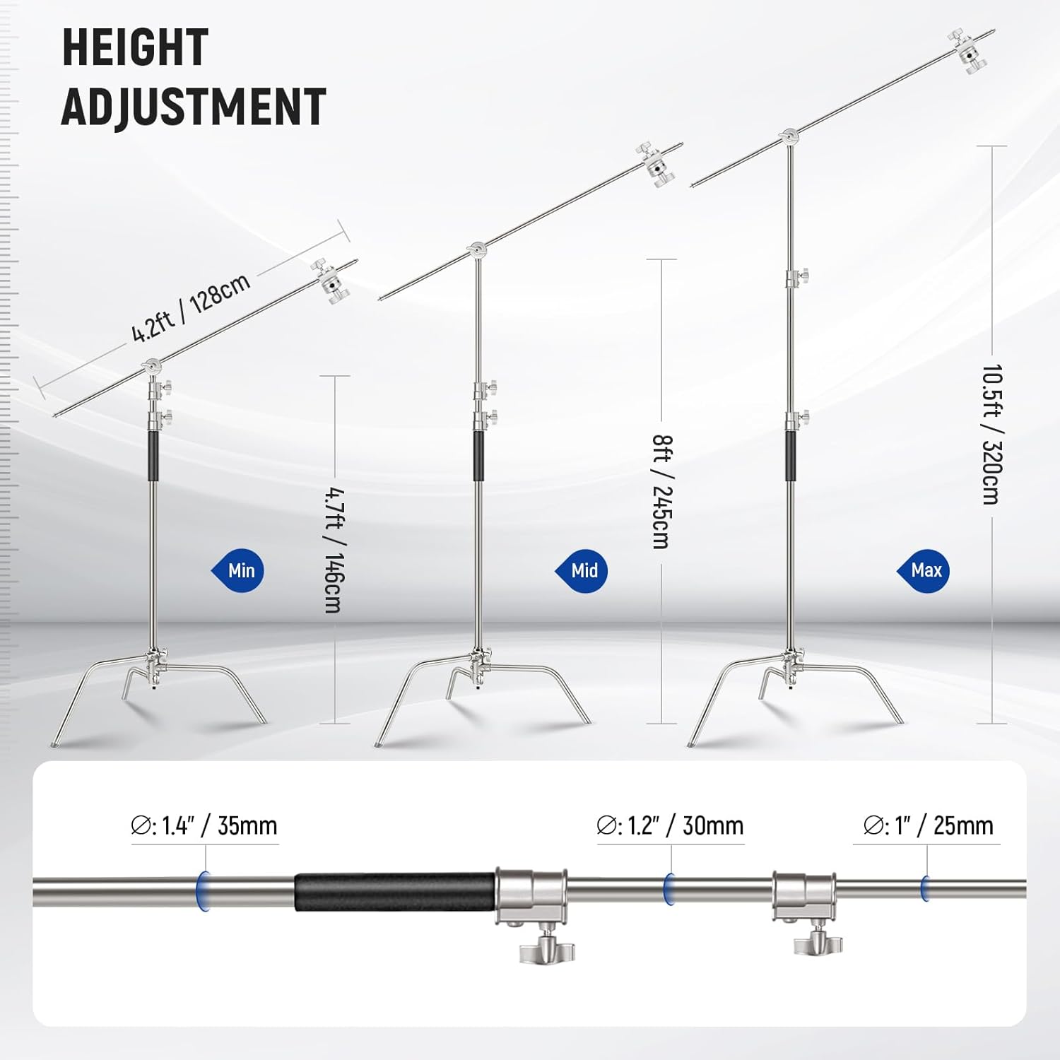 NEEWER Basics 100% Stainless Steel Heavy Duty C Stand with Boom Arm, Max 10.5ft/320cm Photography Light Stand, 4.2ft/128cm Holding, 2 Grip Heads for Studio Monolight Softbox Reflector, SC320 Lite