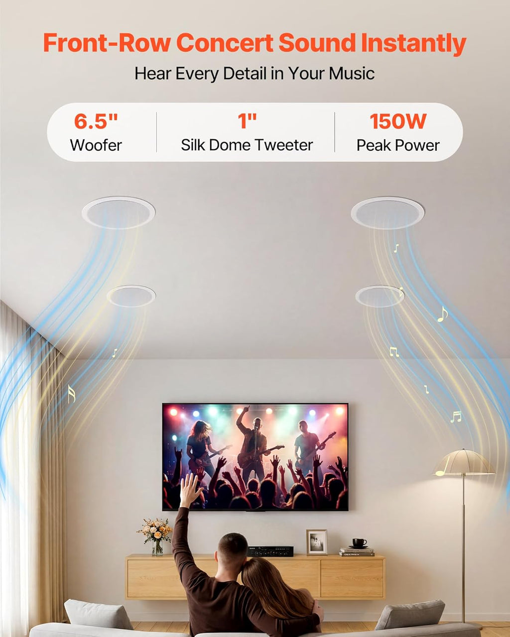 VEVOR Bluetooth Ceiling Speakers, 6.5", in Ceiling & in-Wall Speaker System with Amplifier, 2-Way, for Damp and Humid Placement, Home Theater, Covered Outdoor Patio and Flush Mount Wired, 4 Speakers