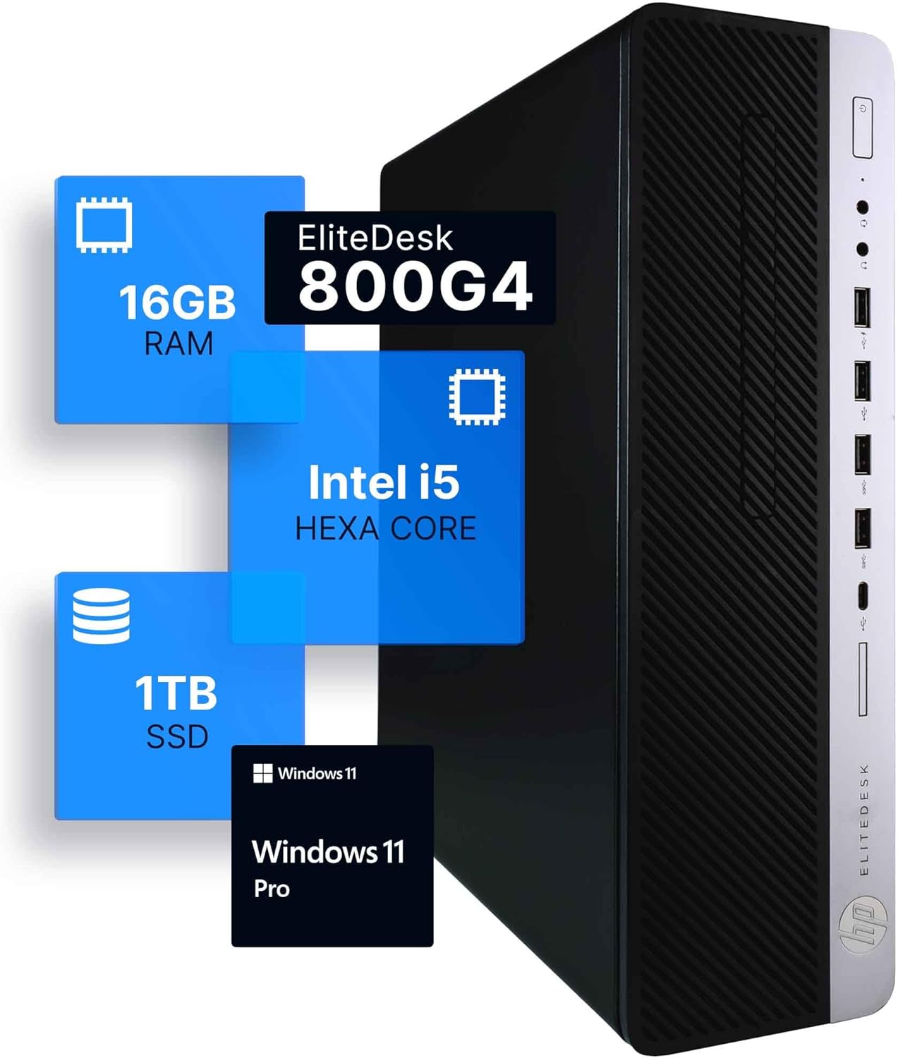 HP EliteDesk 800G4 PC | Windows 11 Pro | Intel i5-8500 | 16GB RAM 1TB SSD | New 24" LCD | RGB Speakers | Home or Office Computer | Internal WiFi 6 AX200 + BT (Renewed)