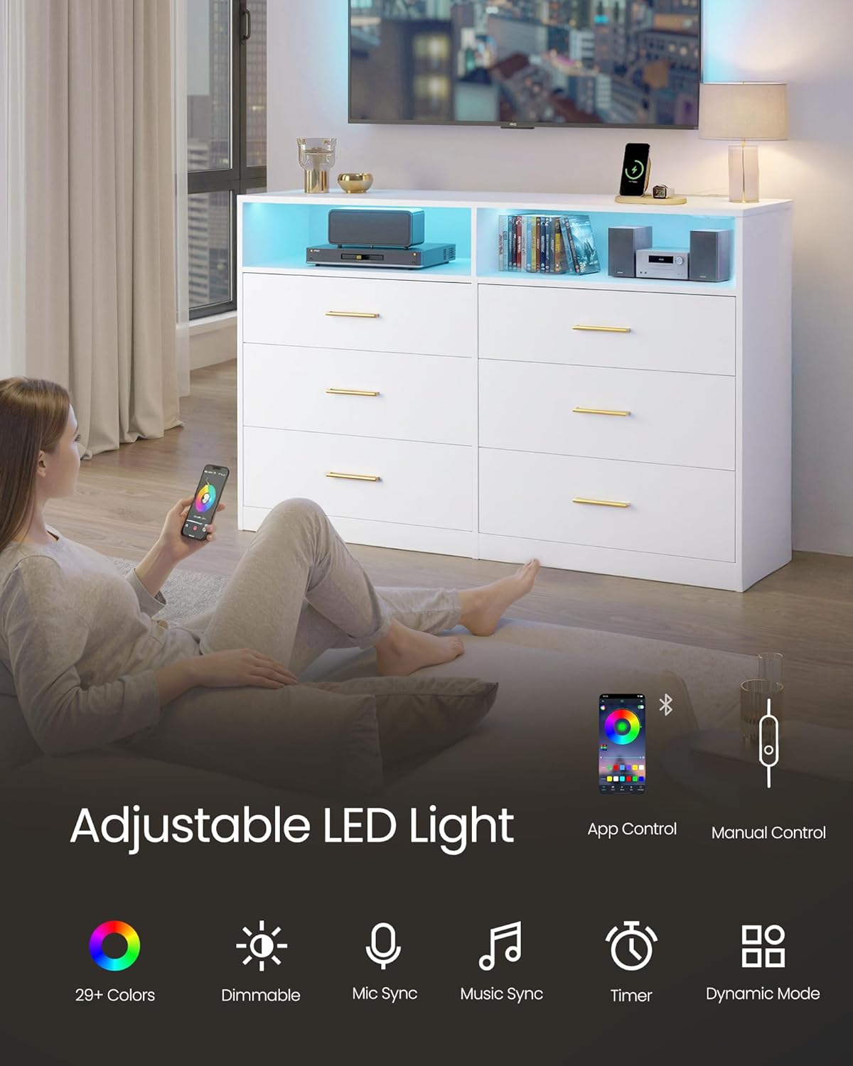 VASAGLE Custos Collection - Dresser for Bedroom, with LED Lights and Power Strip, Chest of Drawers, Modern, TV Stand for Living Room, 6 Drawers, 15.8 x 46.9 x 32 Inches, Cloud White ULTS316WB01S