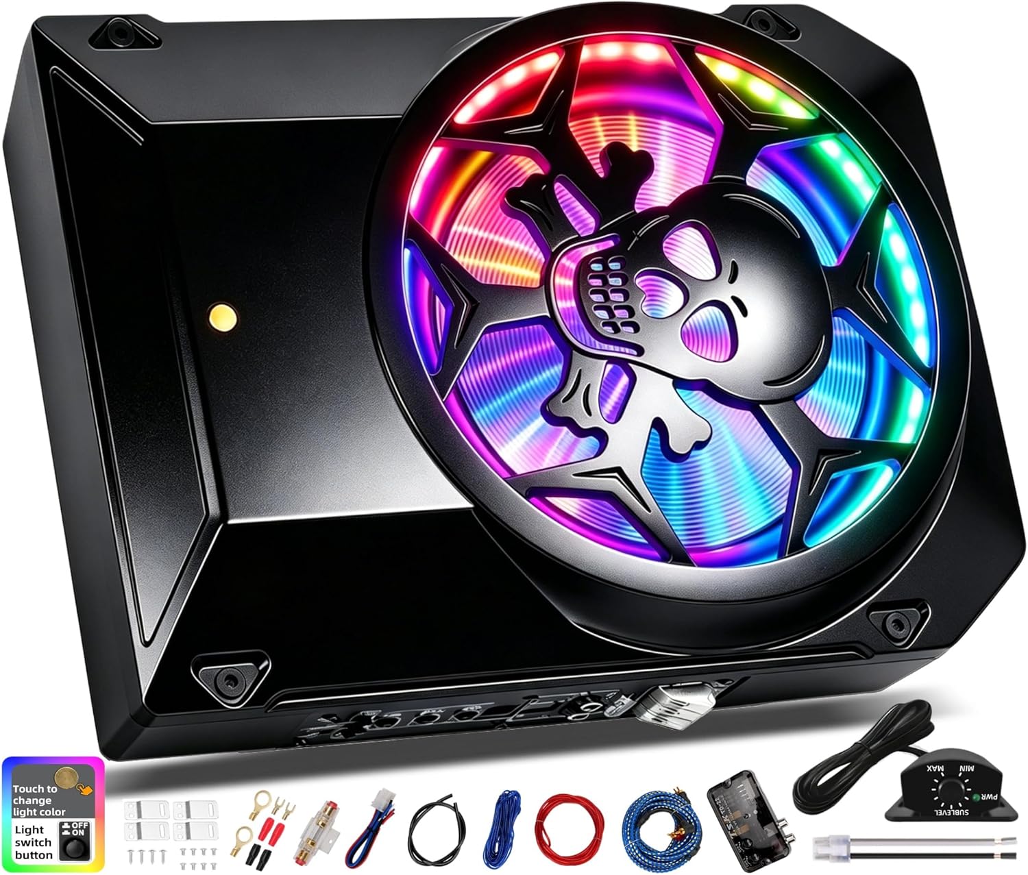 1600W Car Subwoofer, 10" Ultra-Thin Powered Under-Seat Sub with Built-in Amplifier, LPF/Gain/Bass Boost, Touch Control, Physical Switch Rhythm LED Ambient Light, Independent Bass Knob