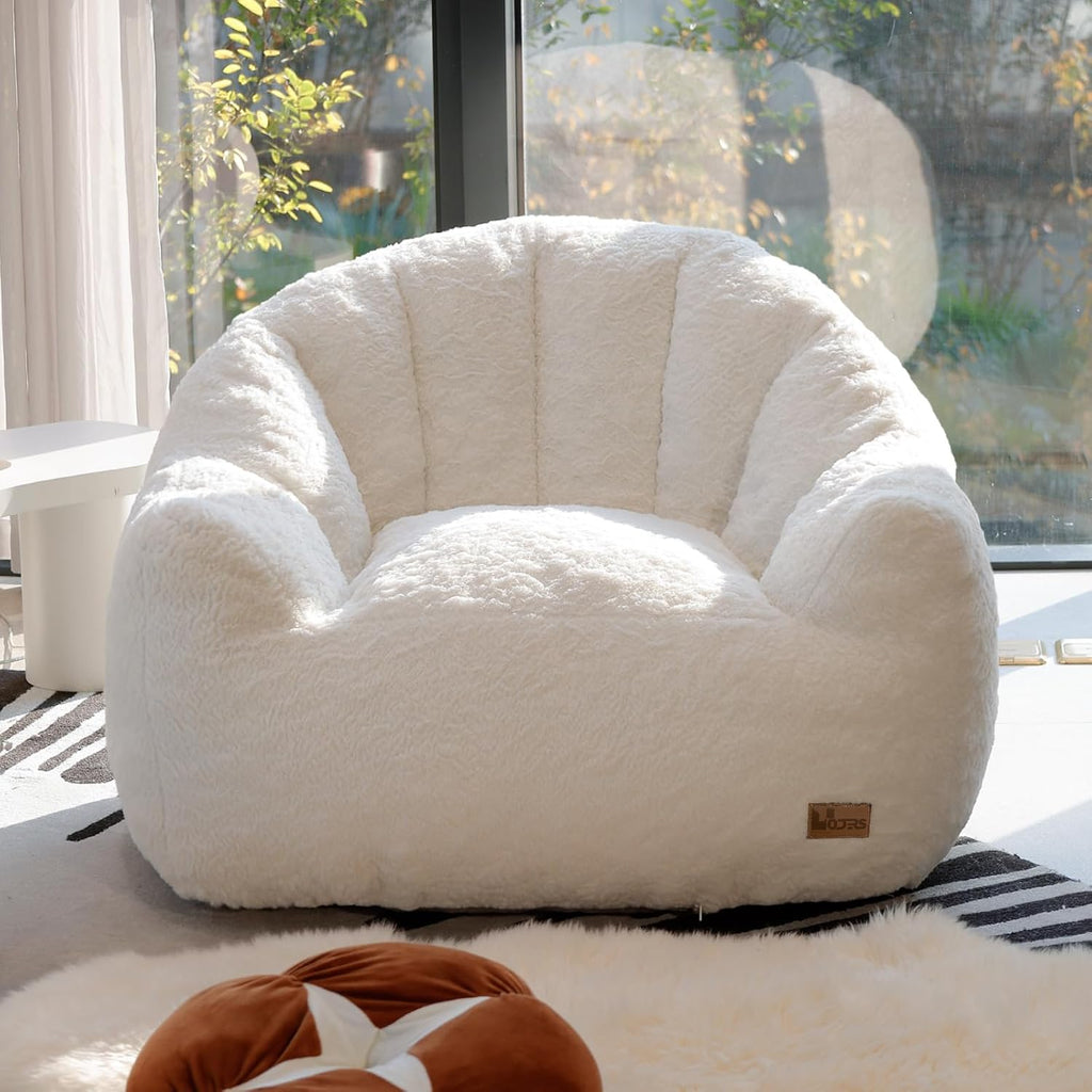 Giant Bean Bag Chair for Adults, Teens and Kids, Cozy Fluffy Corduroy Beanbag Chair with Filler, Large Floor Lounge Sofa for Living Room, Bedroom, Dorm, Gaming and Reading(L-Ivory)
