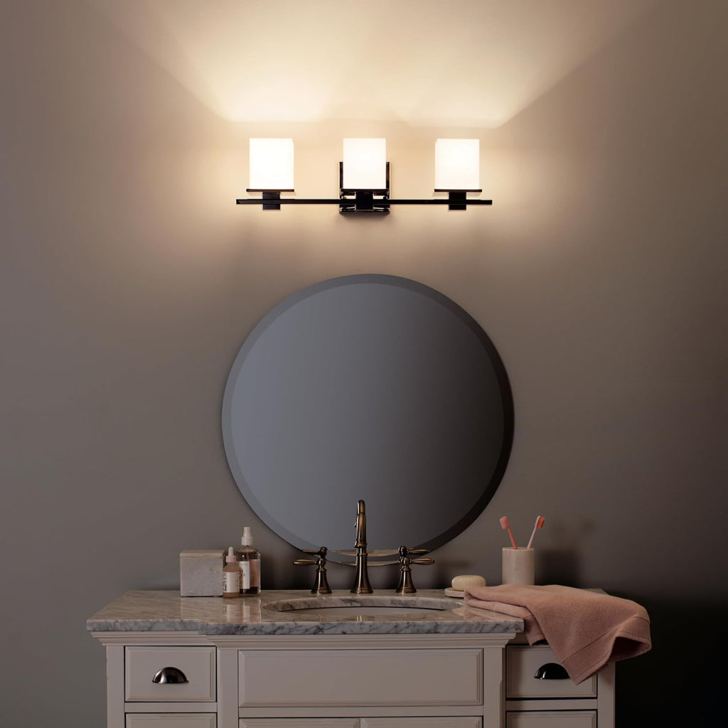 Kichler Tully 24" Vanity Light in Chrome, 3-Light Modern Bathroom Light with Satin Etched Cased Opal Glass, (24" W x 6.5" H), 45151CH