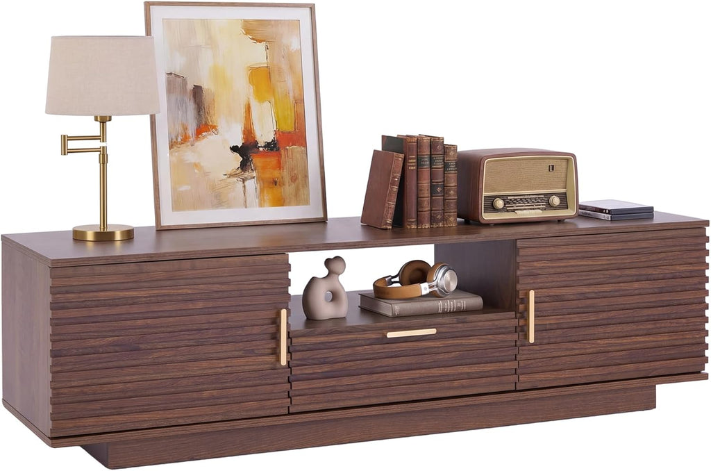 IRONCK TV Stand for TVs up to 65 Inch, Mid Century Modern Fluted Entertainment Center with Storage, TV Console with Cabinet and Adjustable Shelves for Living Room, Bedroom, Walnut