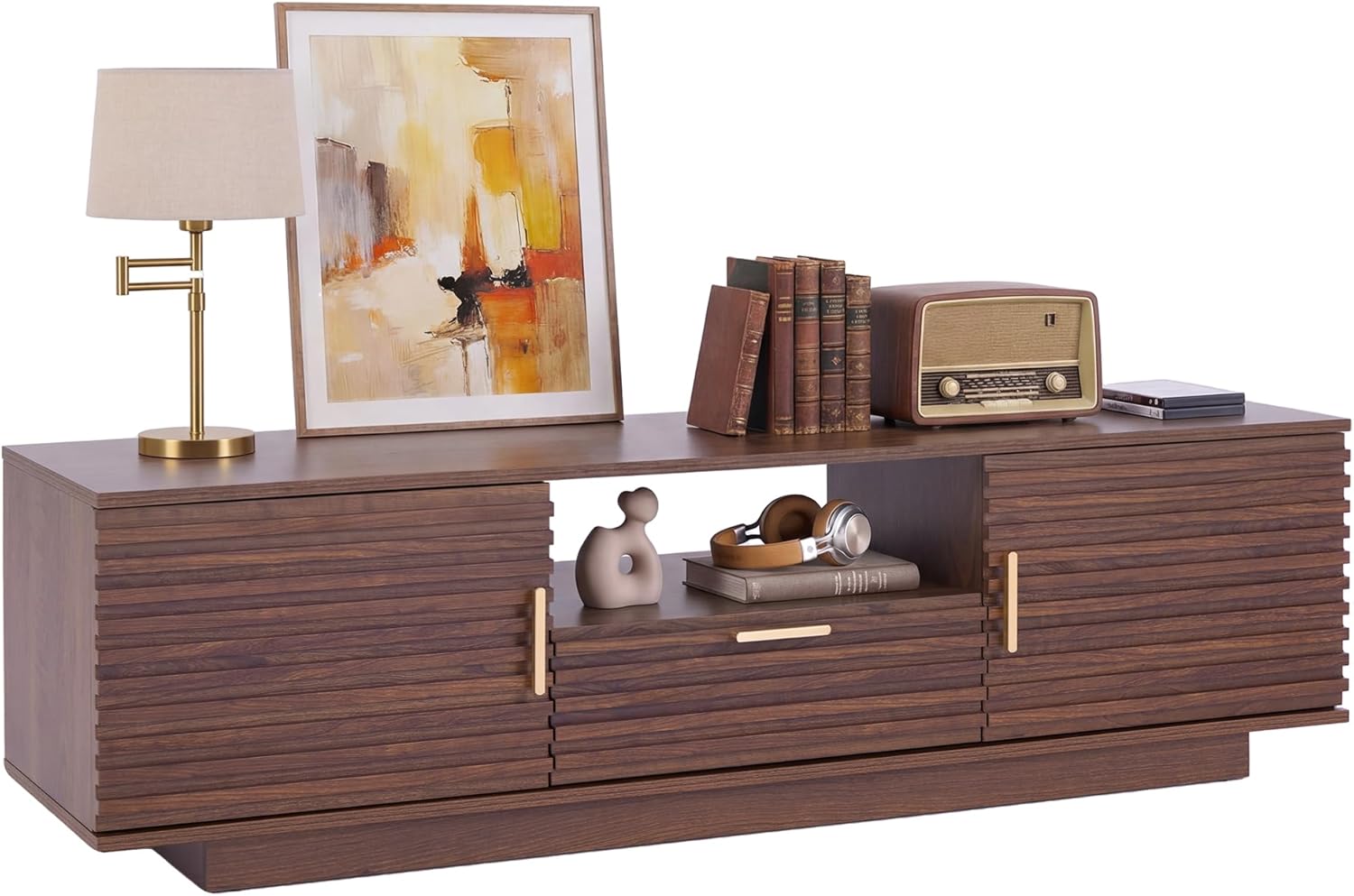 IRONCK TV Stand for TVs up to 65 Inch, Mid Century Modern Fluted Entertainment Center with Storage, TV Console with Cabinet and Adjustable Shelves for Living Room, Bedroom, Walnut