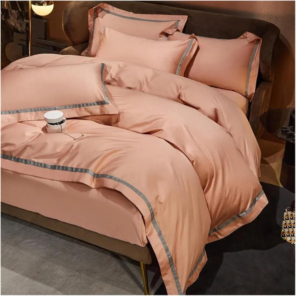 Gray Smooth Soft Rich Color 1000TC Long Staple Cotton Simple Chic Wide Edge 4Pcs Bedding Set Duvet Cover Bed Sheet Pillowcases,Bedding