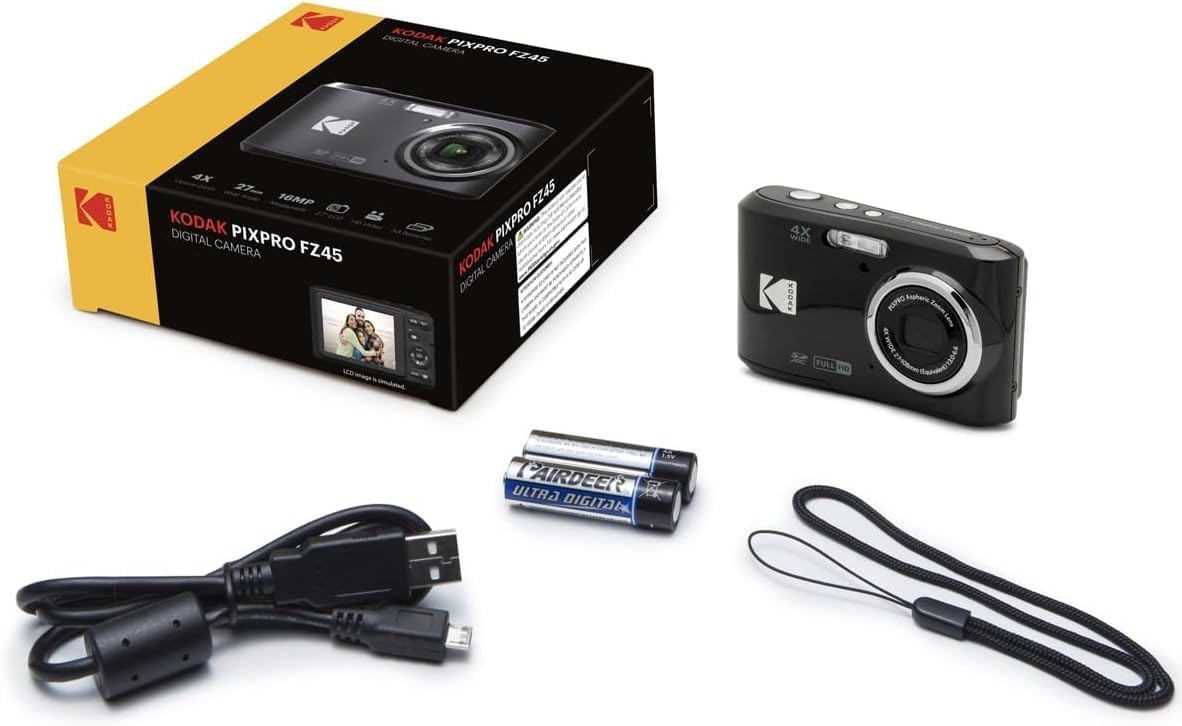 KODAK PIXPRO FZ45-BK 16MP Digital Camera 4X Optical Zoom 27mm Wide Angle 1080P Full HD Video 2.7" LCD Vlogging Camera, Bundle with Camera Case and 32GB SD Card, Kodak 1-Year Limited Warranty. (Black)