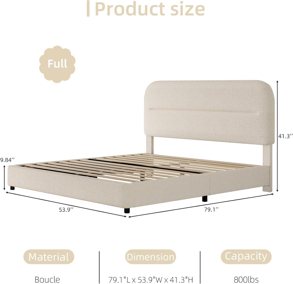 HOMBCK Full Size Boucle Bed Frame, Upholstered Bed Frame Full with Headboard, Soft BedFrame with Thickened Footboard, Soft Rounded Corners, No Box Spring Required, Easy Assembly, Cream