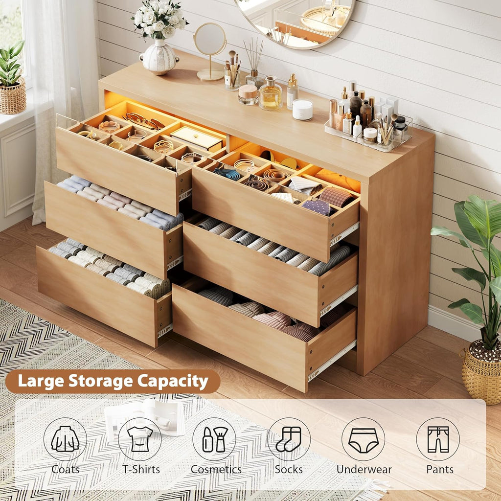 Jocoevol Modern LED 6 Drawer Dresser for Bedroom, Large Chest of Drawers with Hidden Handles, Long Double Wooden Dresser Closet for Living Room, Entryway, Hallway - Natural Oak