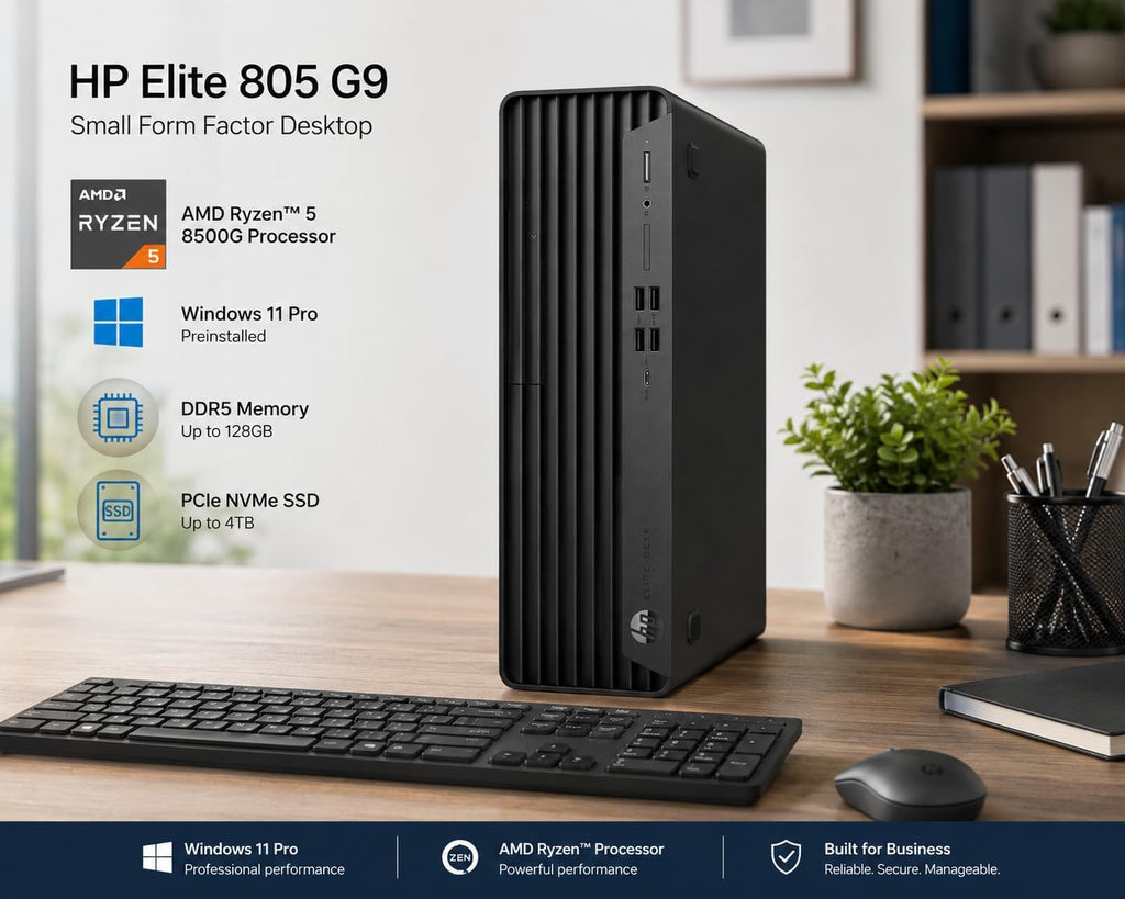 HP Desktop PC Elite SFF G9| 6-core 5GHz Ryzen-5 Processor(1.3 Times Faster Than Intel i7-1255U) | 16GB DDR5 RAM, 512GB SSD| WiFi| Bluetooth| HDMI, USB, RJ-45| Windows 11 Pro| Wired KB & Mouse