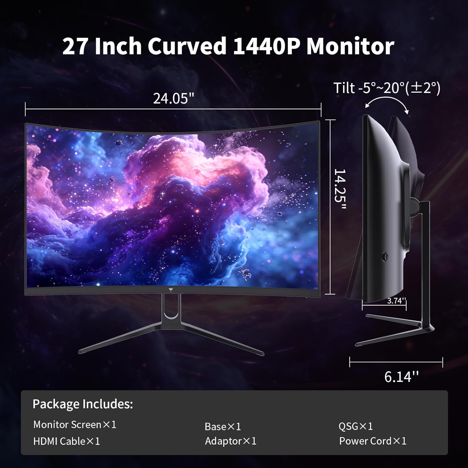 KTC H27S5C 27" Curved Gaming Monitor, 1440P QHD 144Hz 120Hz Monitor, 1500R HVA Panel, HDR400, Adaptive Sync, 400nits, HDMI 2.0 x2, DP 1.4, VESA 100x100 PC Monitor
