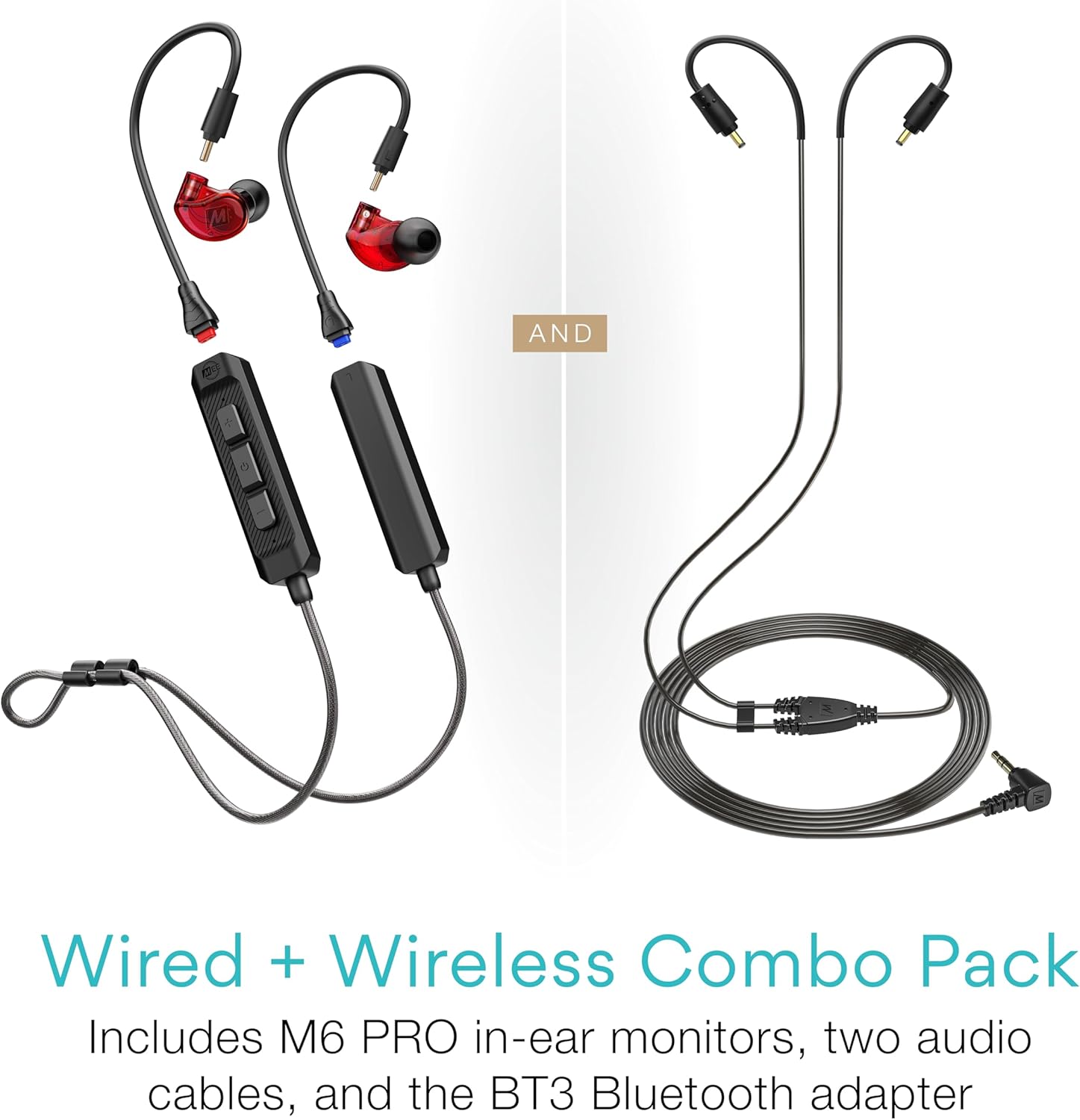 MEE audio M6 PRO Musicians' in-Ear Monitors Wired + Wireless Combo Pack: Includes IEMs, 2 Audio Cables and BT3 Hi-Res Bluetooth Audio Adapter w/aptX, LDAC, Auracast Support, & Built-in Headset (Red)