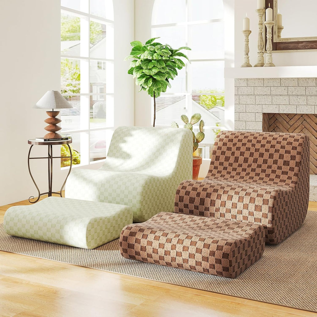 Giantex Bean Bag Chair with Ottoman, Comfy Lazy Sofa Chair with One-Piece Foam Filling, Washable Teddy Fleece Cover, Non-Slip Bottom, Floor Beanbag Sofa Bed with Footstool for for Living Room (Brown)