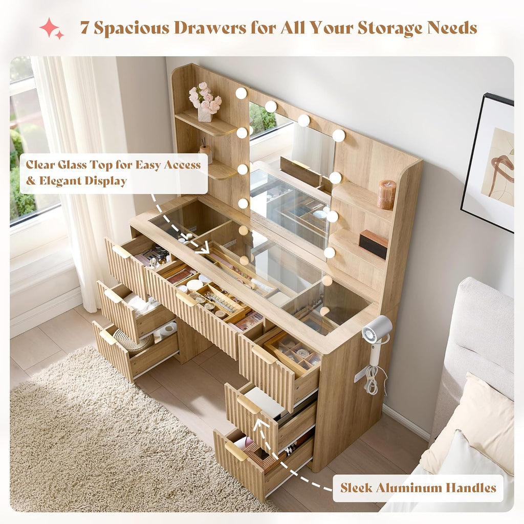 AMERLIFE 47.2" Fluted Vanity Desk with Mirror and Adjustable LED Lights, Large 7 Drawers Makeup Vanity Table with Glass Top and Charging Station for Women and Girls, Bedroom or Dorm, Natural Oak