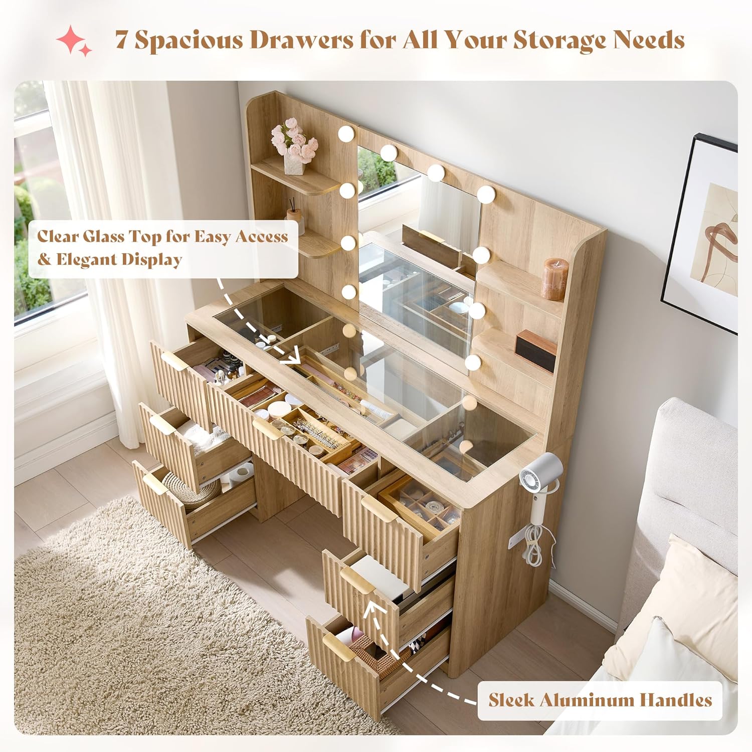 AMERLIFE 47.2" Fluted Vanity Desk with Mirror and Adjustable LED Lights, Large 7 Drawers Makeup Vanity Table with Glass Top and Charging Station for Women and Girls, Bedroom or Dorm, Natural Oak