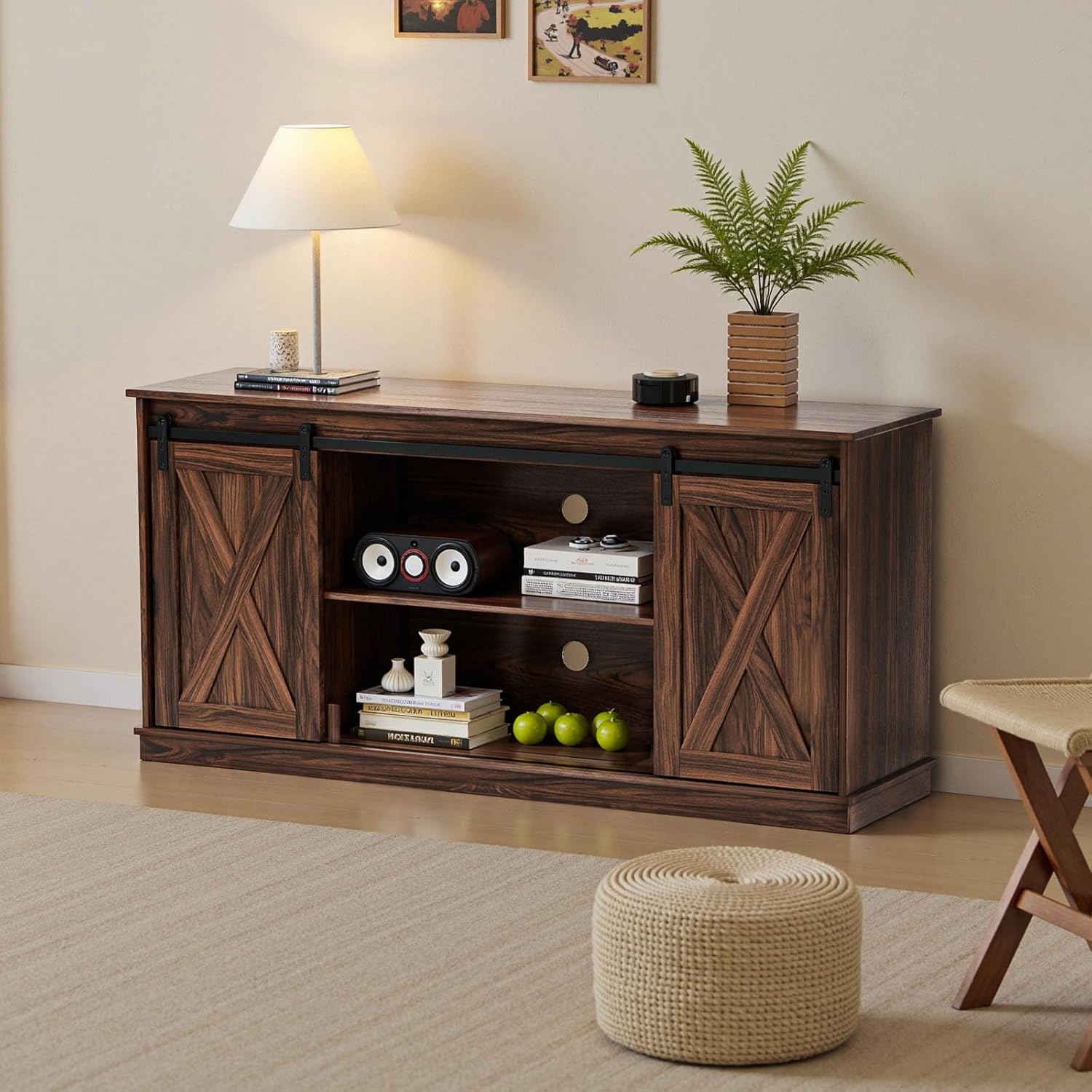 Sweetcrispy Farmhouse TV Stand 65 Inch for Living Room Bedroom Brown, Tall Entertainment Center with Storage Shelves, Media Console Cabinet with Wood Board, 300 LBS Capacity and Sliding Barn Door